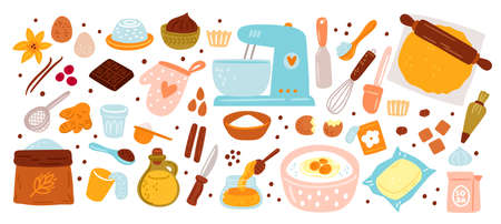 Baking ingredients. Cartoon kitchen utensils. Semi finished products. Cooking process. Eggs with sugar in bowl. Flour and soda. Cake recipe. Dough mixer. Garish vector culinary setのイラスト素材