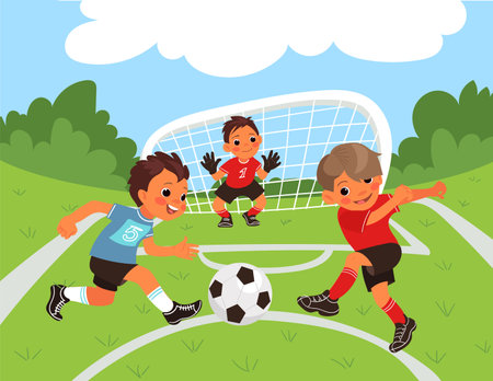 Children soccer. Boys play sport competitive game on park. Goalkeeper and little football players. Kids running outdoor. Athletes kicking ball. Splendid vector concept Team championship.のイラスト素材