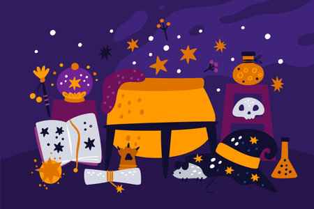 Magic tools poster. Witchcraft accessories composition. Wizard laboratory. Halloween elements. Alchemical objects. Potion cauldron. Witch hat. Magical wand. divination ball. Vector conceptのイラスト素材