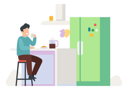 Man having breakfast at home. Morning coffee routineのイラスト素材