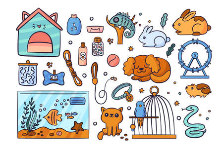 Pets care tools. Funny accessories. Vet pills. Domestic animals. Dog and cat. Rabbit in doodle style. Fish aquarium. Bird cage with parrot. Chameleon lizard and hamster. Garish vector setのイラスト素材