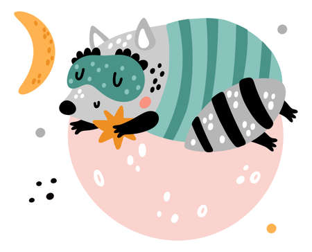 Sleepy cute animals. Happy baby raccoon sleeping on moon. Cartoon creature dreaming in bed. Animal slumbering under blanket. Fantasy night relaxation. Stars and planet. Vector napping cubのイラスト素材