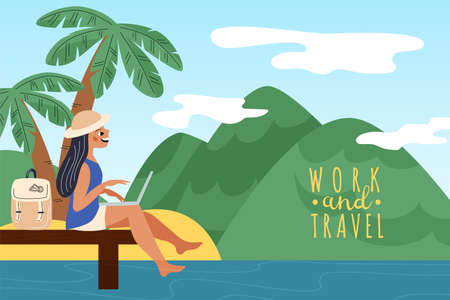 Freelancer works outdoor. Girl working by sea. Free atmosphere. Woman with laptop on tropical beach. Professional occupation on nature. Remote job in relaxing pose. Garish vector conceptのイラスト素材