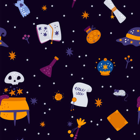 Magic tool seamless pattern. Cartoon print with witchcraft accessories. Alchemical potion cauldron. Witch hat. Magical wand. Divination ball. Spell book. Vector Halloween backgroundのイラスト素材