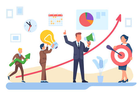 Office teamwork. Employees cooperation. Effective workflow organization. Businessmen work together. Workers partnership. Colleagues collaboration. Growth arrow and target. Vector conceptのイラスト素材