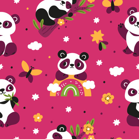 Cute panda seamless pattern. Funny little Chinese bears. Cartoon animal characters with rainbows and butterflies. Adorable mammals on eucalyptus branches. Garish vector pink backgroundのイラスト素材