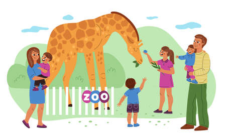 Family in zoo. Parents with children watching animals. Joint weekend. People standing near enclosure and feeding giraffe. Mother and father with kids in park. Garish vector conceptのイラスト素材