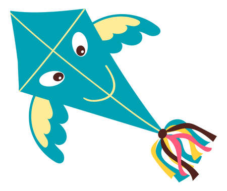Flying kite. Blue paper toy with ribbon tail and funny face. Makar Sankranti celebration. Summer festival. Isolated object hovering in sky. Outdoor leisure. Vector carnival entertainmentのイラスト素材