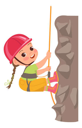 Kids climbing rock. Children sport activity. Extreme hiking tourism. Young mountaineer with rope or helmet. Teenager clambering sheer cliff with mountaineering equipment. Vector alpinistのイラスト素材