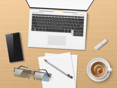 Realistic office workplace top view. Laptop and documents on desktop. Coffee cup. Smartphone and eyeglasses. Notepaper sheets on table. Manager workspace. Computer keyboard. Vector conceptのイラスト素材