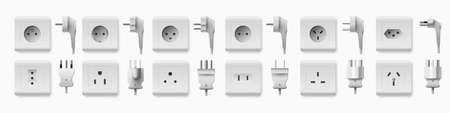 Realistic socket and plug. Electricity chargers and adapters. 3D plastic interior elements. Different types. Home details. Electrical circuit connector. Vector electric outlets setのイラスト素材