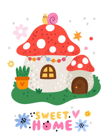 Cute garden gnomes poster. Cartoon mushroom house. Magic agaric building with window and door. Amanita roof. Sweet home. Fairy tale cottage. Fantasy architecture. Vector illustrationのイラスト素材