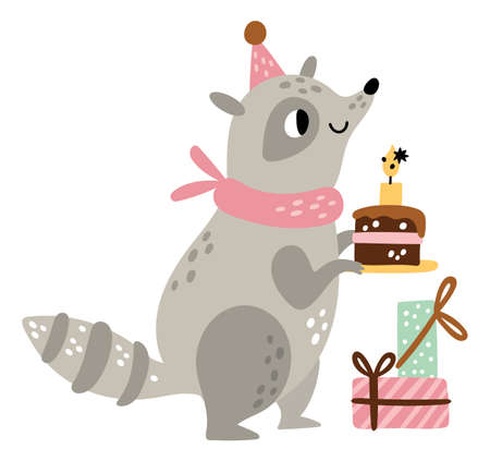 Cute raccoon with cake and presents. Woodland birthday partyのイラスト素材