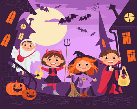 Halloween city. Kids on naughty street. Children in holiday monster costumes. Boys and girls walk at night. Trick or treat banner. Spooky ghosts evening. Pumpkins and bats. Vector conceptのイラスト素材