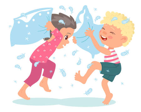 Kids destroy. Children bad behavior. Hyperactive boys fight with pillows. Destructive games. Home mess. Flying feathers. Friends playing together. Cushions battle. Vector illustrationのイラスト素材