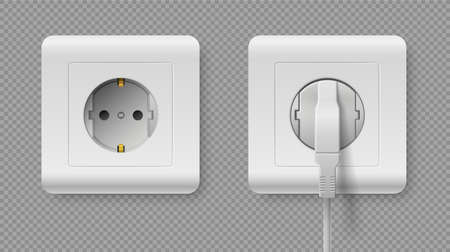 Outlet with power cord. Realistic 3D electric plug in white plastic grounded square socket. Electrical cable and energy connector. Electricity charger. Vector interior wall elements setのイラスト素材