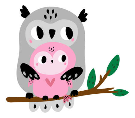 Owl with baby bird. Cute mom and child animalsのイラスト素材