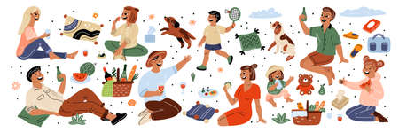 Picnic people. Cartoon characters relaxing in nature. Couples eating or drinking on blankets in park. Happy family pastime. Baskets with food and wine. Outdoor vacation. Garish vector setのイラスト素材