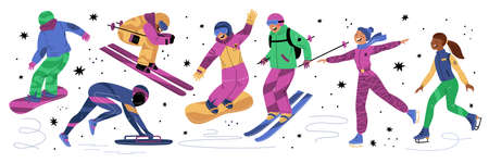 Winter sports. Young sportsmen. Skiers and snowboarders. Ice and snow skating. Cartoon athletes in gear. Bobsledders and skaters. People activities. Athletic competition. Garish vector setのイラスト素材