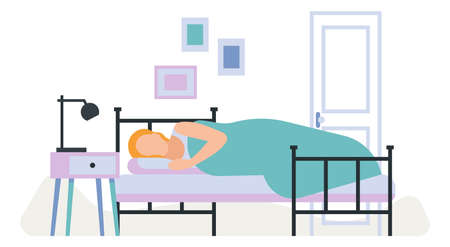 Woman sleeping in bed. House bedroom interiorのイラスト素材