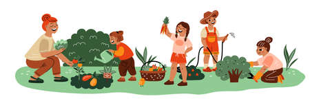 Children botany lesson. Happy kids with teacher. Garden care training. People harvesting and pruning bushes. Teens watering plants. Agriculture work and gardening. Garish vector conceptのイラスト素材