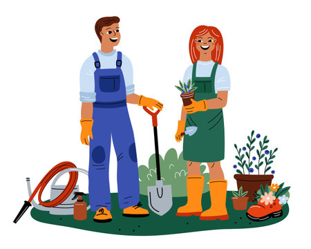 Gardeners with tools. Couple take care of plants. Man and woman in work clothes on garden plot with gardening instruments. Agriculture worker planting flowers. Garish vector conceptのイラスト素材