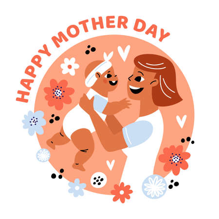 Happy Mother Day. Mom with newborn baby on arms. Smiling parent holds infant. Joy of motherhood. Family portrait. Gentle tones and beautiful flowers. Holiday card. Garish vector conceptのイラスト素材