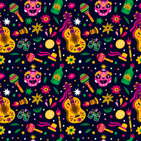 Seamless Mexican holiday background. Flowers and sugar skulls. Traditional death festival. Day of dead. Candle and maracas. Tequila bottle. Guitar and tequila. Garish vector patternのイラスト素材