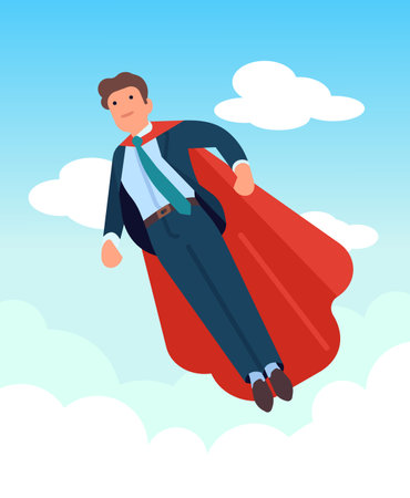 Super worker flying in sky. Business employee jump with strength in career for success leader. Hero manager. Super flight of hero businessman in red cloakのイラスト素材