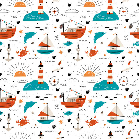 Cartoon marine elements seamless pattern. Nautical objects. Kids wrapping paper. Water animals. Fishing ship. Sail boat. Island lighthouse. Anchor and compass. Garish vector textile printのイラスト素材