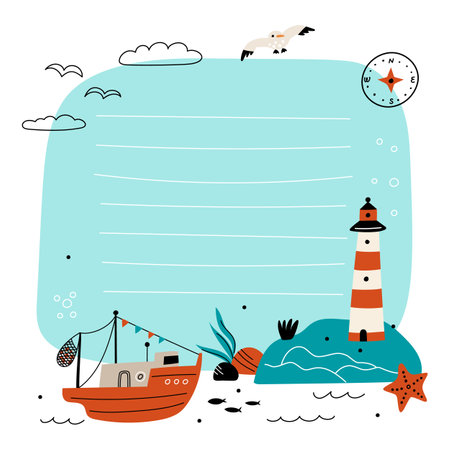 Cartoon sea elements frame illustration. Summertime beach card. Aquatic coastal objects. Seagull and starfish. Lighthouse and marine ship. Fishing boat. Lined page. Garish vector conceptのイラスト素材