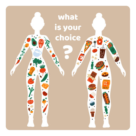 Female healthy and unhealthy silhouettes. Lifestyle choice. Fat body with fast food. Diet nutrition. Slim human figure with healthy products. Woman choosing meal. Garish vector conceptのイラスト素材