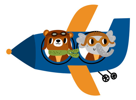 Animal pilot. Cute cartoon characters in aircraft. Bear and elephant flying in airplane. Wild mammal piloting plane. Sky transportation. Creatures adventure travel. Vector illustrationのイラスト素材