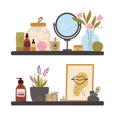 Cozy bathroom shelves. Different cosmetics. Mirror and cotton swabs. Moisturizer creams and lotions bottles. Skin and hair beauty products. Flowers in vase. Aroma candle. Garish vector setのイラスト素材