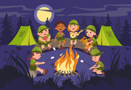 Tourist night campfire. Children roast marshmallow fire. Young scouts on nature. Forest gatherings sit around bonfire. Kids vacation. Teenagers sing to guitar. Splendid vector conceptのイラスト素材
