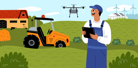 Farming with drone. Field work remote monitoring. Agriculture innovation technologies. Management watering. Harvest growing digital smart control. Robot tractors. Garish vector conceptのイラスト素材