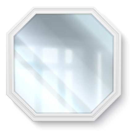 Realistic mirror. 3D reflective glass surface in frame. Geometric polygonal shape. Hanging on wall interior element. Bathroom or bedroom furniture. Vector apartment furnishing objectのイラスト素材