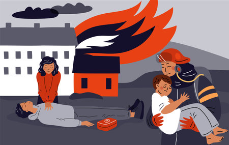 Emergency fire department help. Flame extinguishing process. Firefighters rescue victims from...