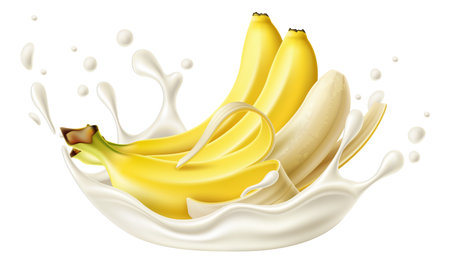 Realistic yogurt fruit splashes. Banana bunch. Fermented milk drops and liquid burst. Cream beverage splatters. Dairy product taste. Tropical plant flavor. Vector healthy food ingredientのイラスト素材