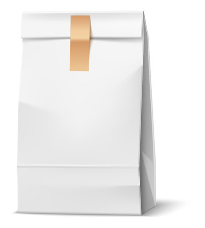 Street food packaging. Realistic paper takeaway container. Isolated package mockup. Snack wrap. Closed package. White pouch with blank sticker. Recycle bag. Vector disposable meal packのイラスト素材
