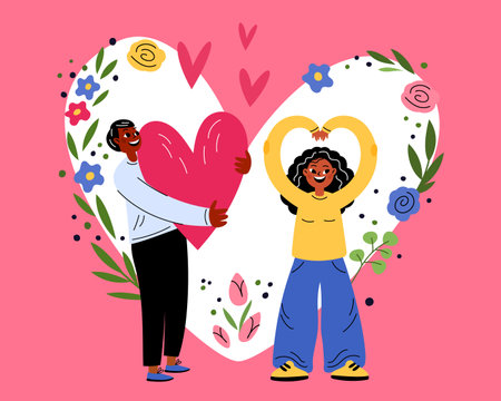 Valentine Day people. Guy gives girl cute heart. Romantic couple. Love holiday celebration. Happy boyfriend and girlfriend dating. Flowers and romance symbol. Garish vector conceptのイラスト素材