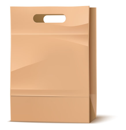 Street food packaging. Realistic paper takeaway container. Isolated package mockup. Cardboard blank bag with handles. Eco recycle pouch. Shop merchandise wrap. Vector disposable meal packのイラスト素材