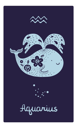 Zodiac signs card. Astrological symbol. Patterned silhouette animal. Aquarius constellation. Doodle blue whale with floral ornament. Astrology calendar. Star scheme. Vector zodiacal iconのイラスト素材