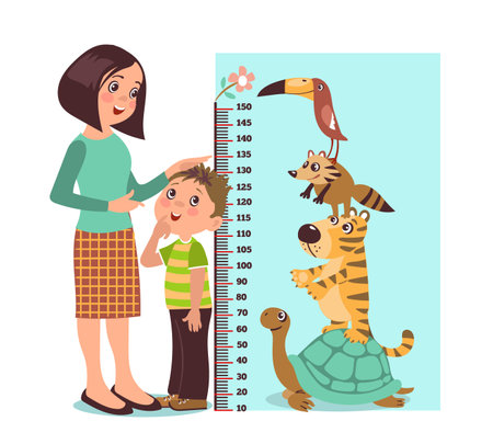 Measuring kids height with parent. Mom helps son with growth scale indicator. Ruler with exotic animals. Cute turtle, tiger or raccoon. Childish stadiometer. Splendid vector conceptのイラスト素材