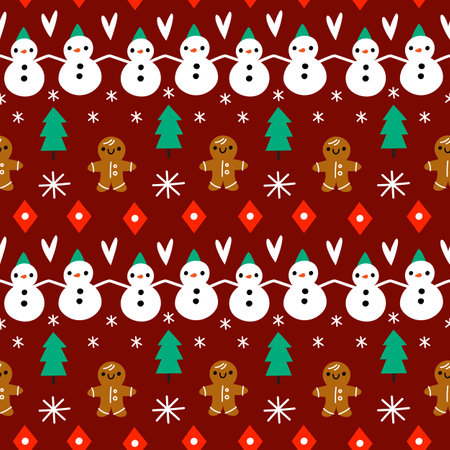 Ugly sweaters seamless pattern. Knitted holiday ornaments with snowmen and snowflakes. Christmas fir trees and traditional ginger men. Xmas textile print design. Garish vector backgroundのイラスト素材