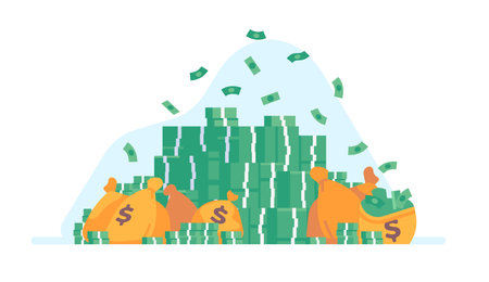 Big pile of cash. Money banknotes heap and bags. Green dollars. Currency stacks. Wealth and financial success. Lottery fortune. Savings and profit. Finance prosperity. Vector conceptのイラスト素材
