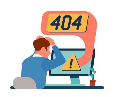 Man is desperate because of personal computer malfunction in office. 404 error. Employee working with laptop. Anxiety male. PC problems. Broken software. Stressed worker. Vector conceptのイラスト素材