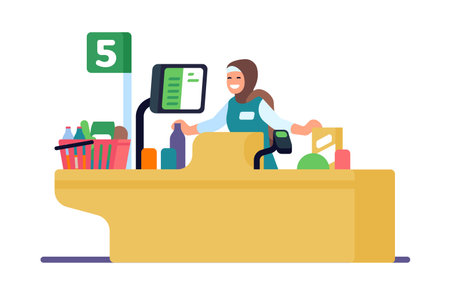 Muslim woman cashier. Supermarket worker. Female store seller in hijab. Islamic shop employee selling food products. Retail service job. Saleswoman behind checkout counter. Vector conceptのイラスト素材