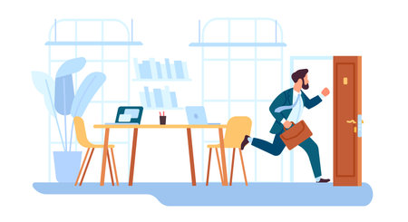 Employee runs away from office. Fast worker running . Man leaving workplace. Work day finish. Escape of job. Businessman rushing to door. Male in formal suit with briefcase. Vector conceptのイラスト素材