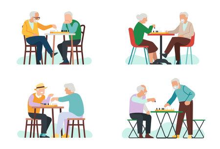 Old men and women playing chess. Grandparents leisure. Elderly persons at chessboard. Retired people sitting at table with intellectual game. Pensioners hobby. Vector aged players setのイラスト素材